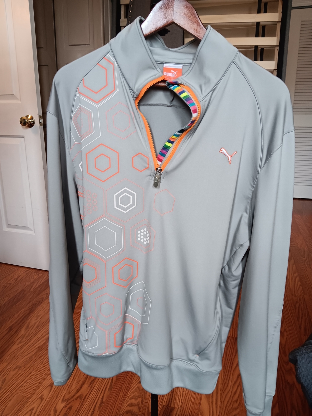 Puma Light Gray Hex Print Quarter-Zip Pullover with Coral Accents